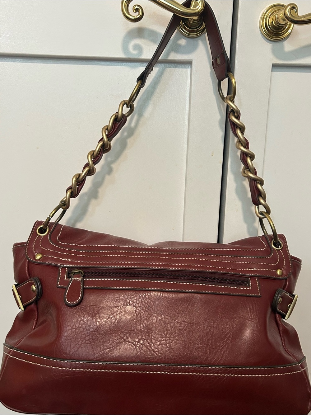 Women's Burgundy Leather Shoulder Bag with Gold Hardware - Picture 3 of 10